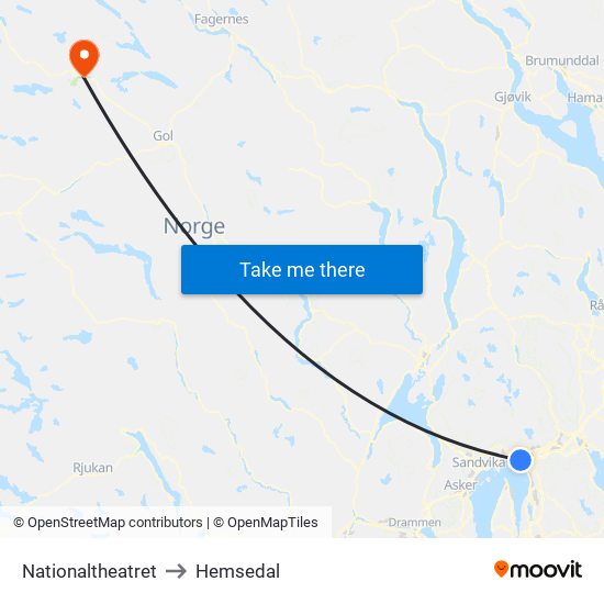 Nationaltheatret to Hemsedal map