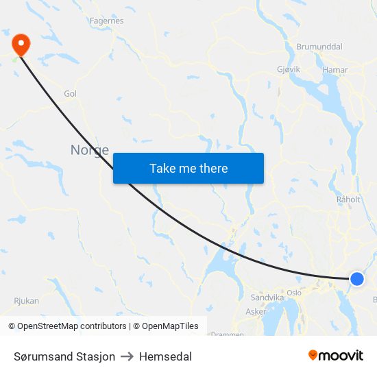 Sørumsand Stasjon to Hemsedal map