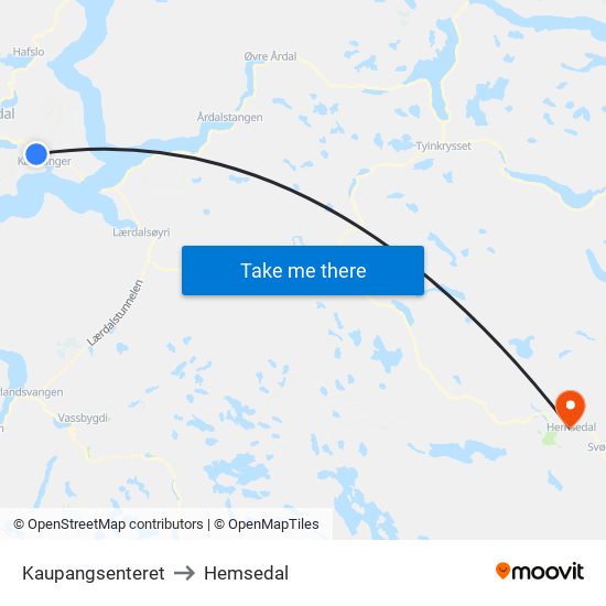 Kaupangsenteret to Hemsedal map