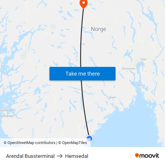 Arendal Bussterminal to Hemsedal map