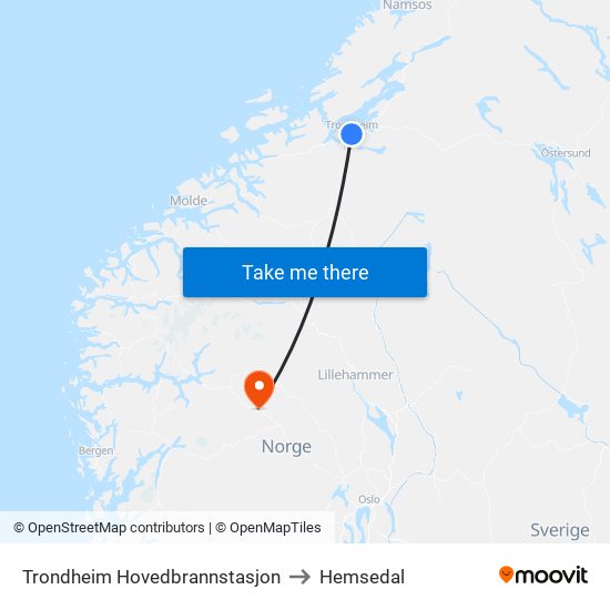 Trondheim Hovedbrannstasjon to Hemsedal map