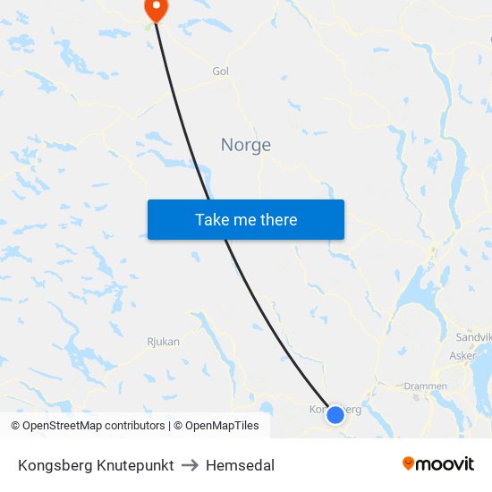 Kongsberg Knutepunkt to Hemsedal map