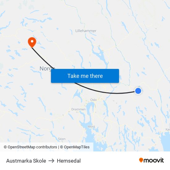 Austmarka Skole to Hemsedal map