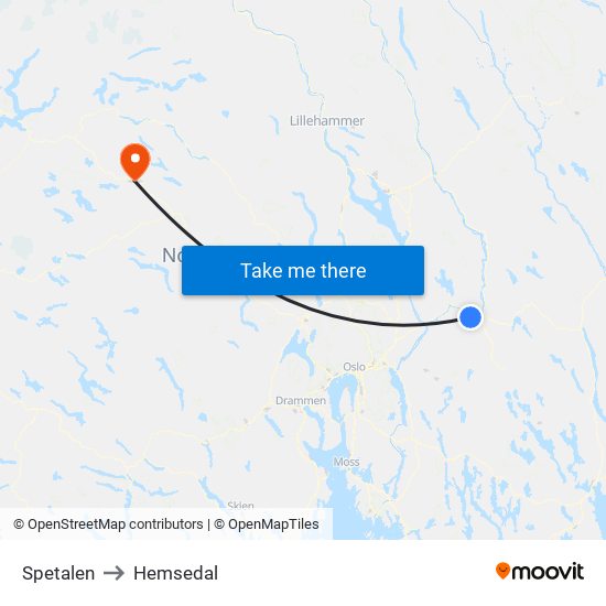 Spetalen to Hemsedal map