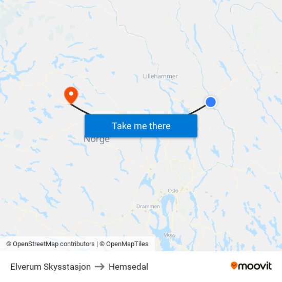 Elverum Skysstasjon to Hemsedal map