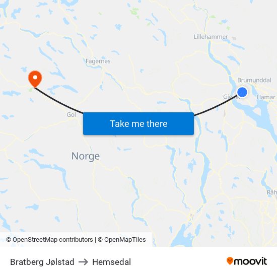 Bratberg Jølstad to Hemsedal map