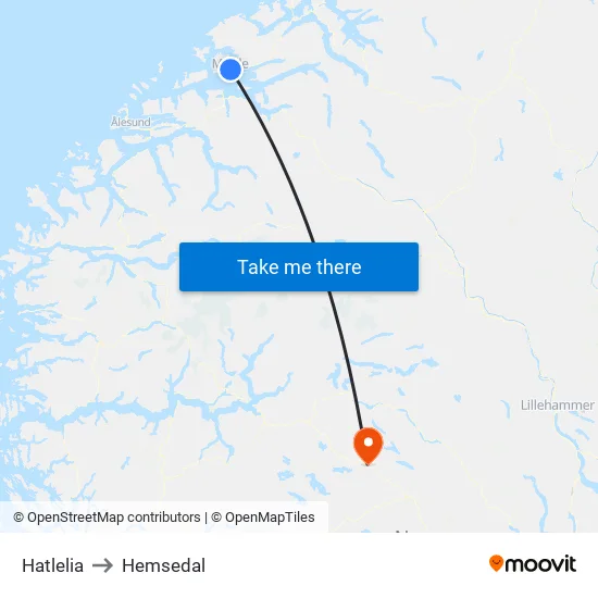 Hatlelia to Hemsedal map