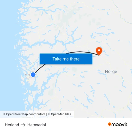 Herland to Hemsedal map