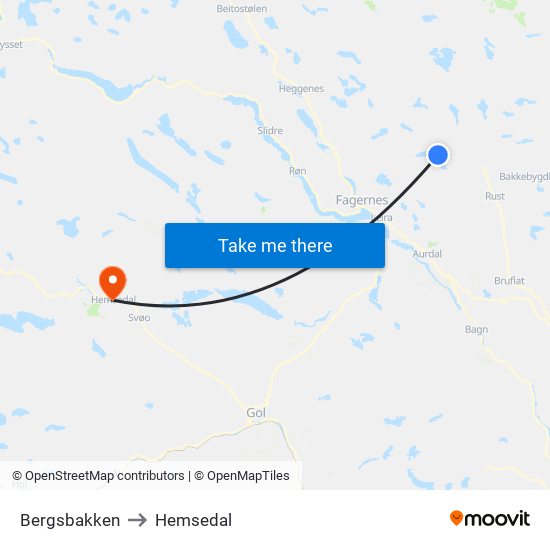 Bergsbakken to Hemsedal map