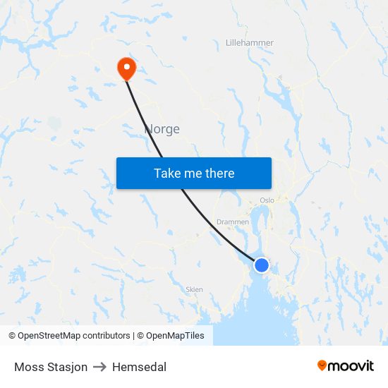 Moss Stasjon to Hemsedal map