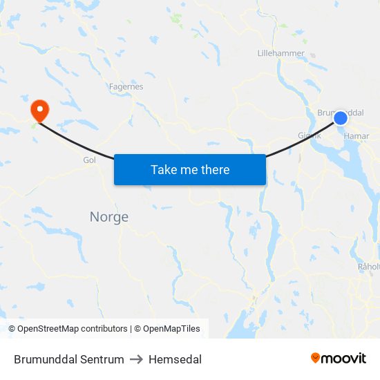 Brumunddal Sentrum to Hemsedal map