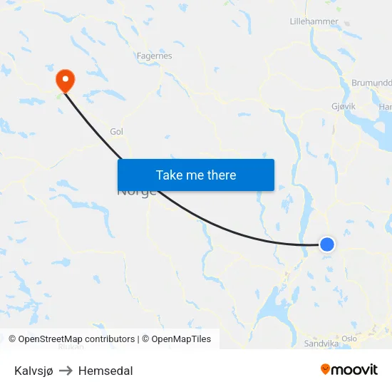 Kalvsjø to Hemsedal map