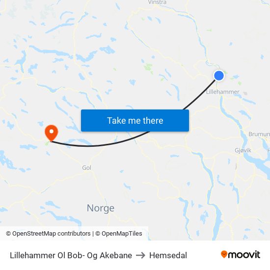 Lillehammer Ol Bob- Og Akebane to Hemsedal map