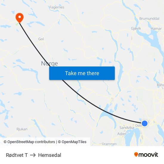 Rødtvet T to Hemsedal map