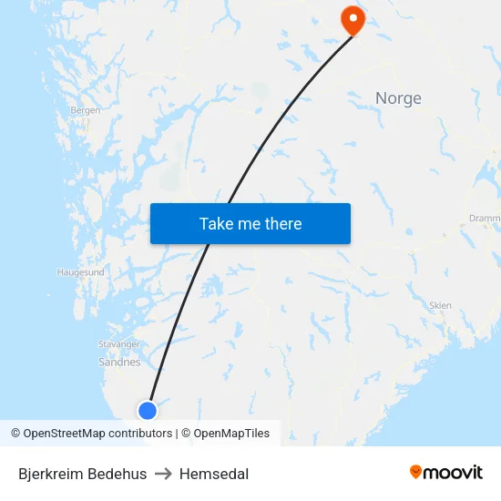 Bjerkreim Bedehus to Hemsedal map