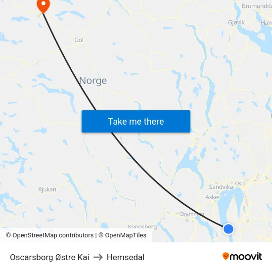 Oscarsborg Østre Kai to Hemsedal map