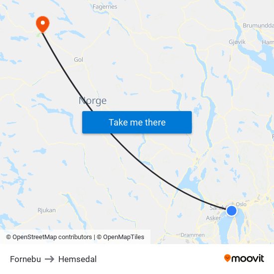 Fornebu to Hemsedal map