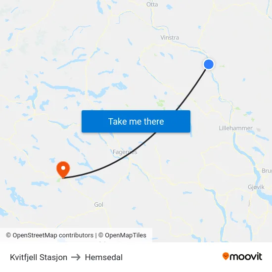 Kvitfjell Stasjon to Hemsedal map