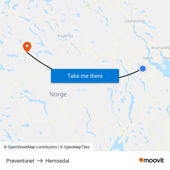 Prøventunet to Hemsedal map