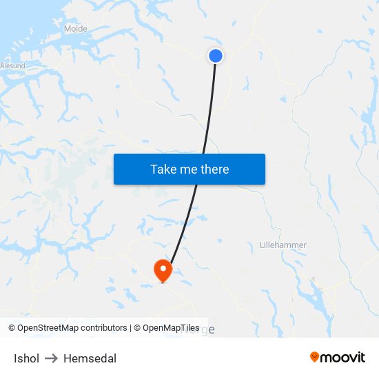 Ishol to Hemsedal map