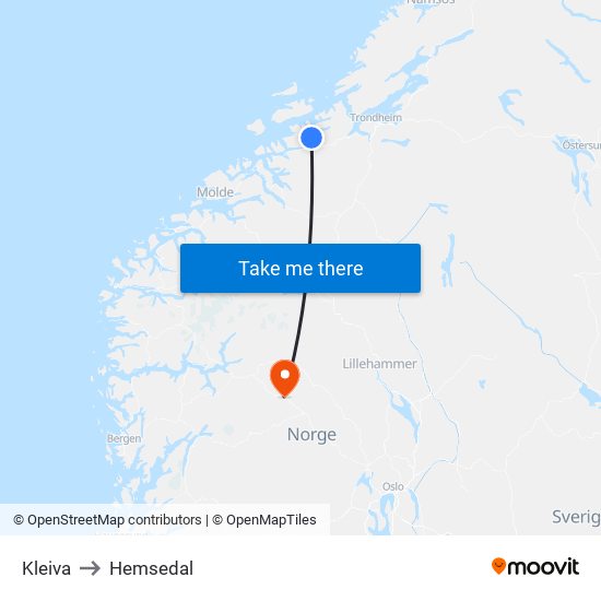 Kleiva to Hemsedal map