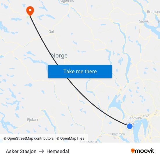 Asker Stasjon to Hemsedal map