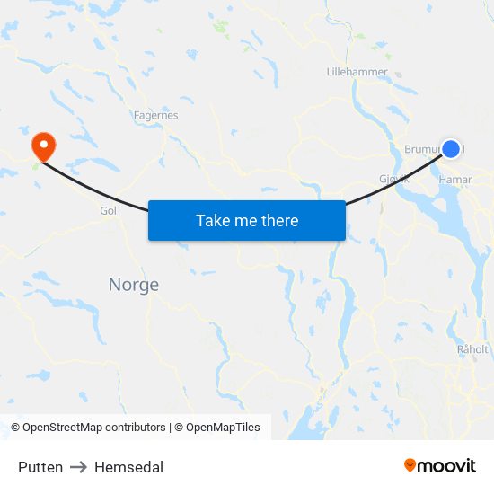 Putten to Hemsedal map