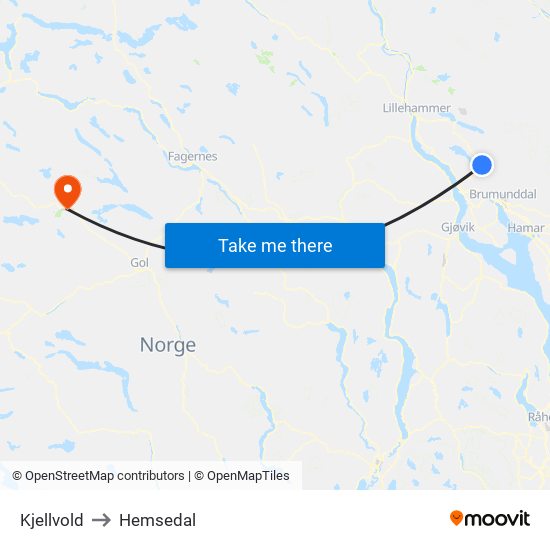 Kjellvold to Hemsedal map