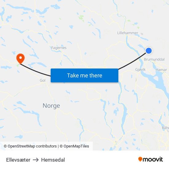 Ellevsæter to Hemsedal map