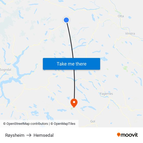 Røysheim to Hemsedal map