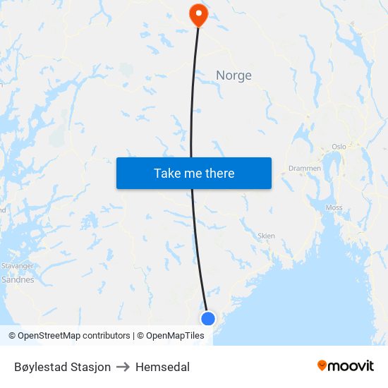 Bøylestad Stasjon to Hemsedal map