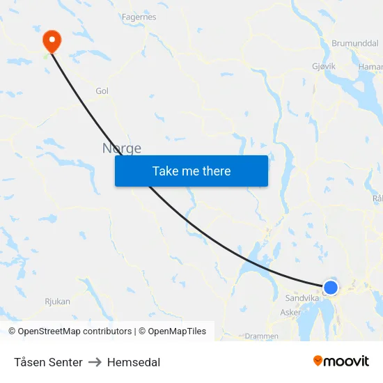 Tåsen Senter to Hemsedal map