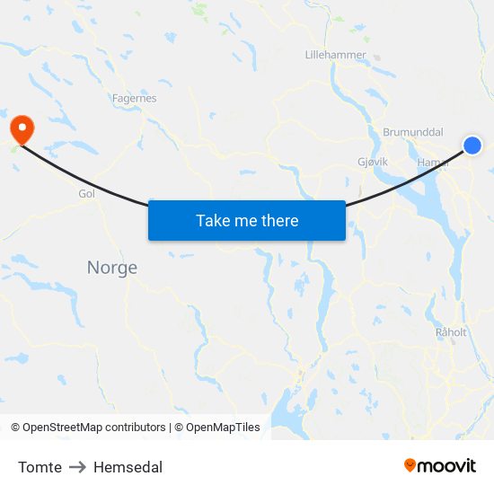 Tomte to Hemsedal map