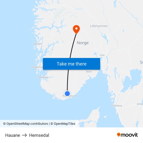 Hauane to Hemsedal map