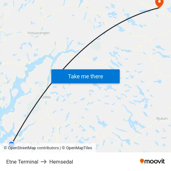 Etne Terminal to Hemsedal map