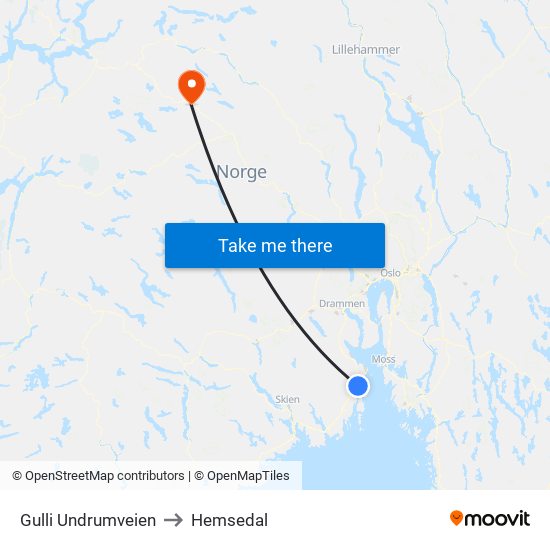 Gulli Undrumveien to Hemsedal map