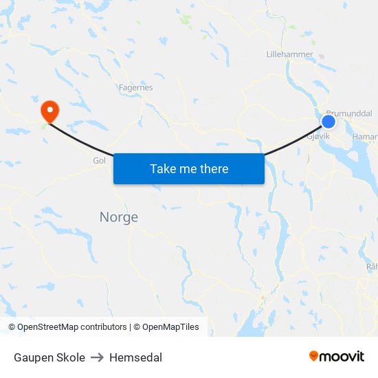 Gaupen Skole to Hemsedal map