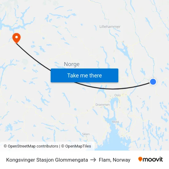 Kongsvinger Stasjon Glommengata to Flam, Norway map
