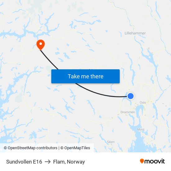 Sundvollen E16 to Flam, Norway map