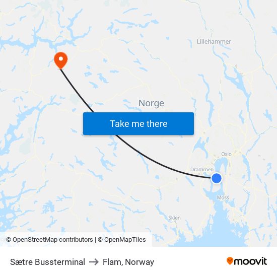 Sætre Bussterminal to Flam, Norway map