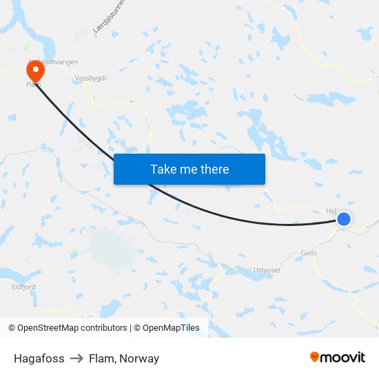 Hagafoss to Flam, Norway map