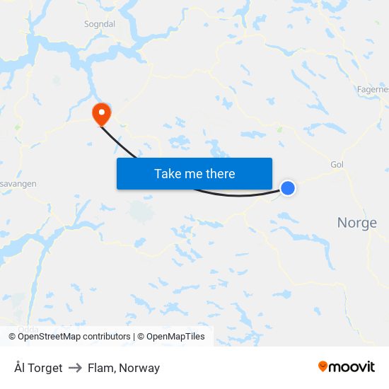 Ål Torget to Flam, Norway map