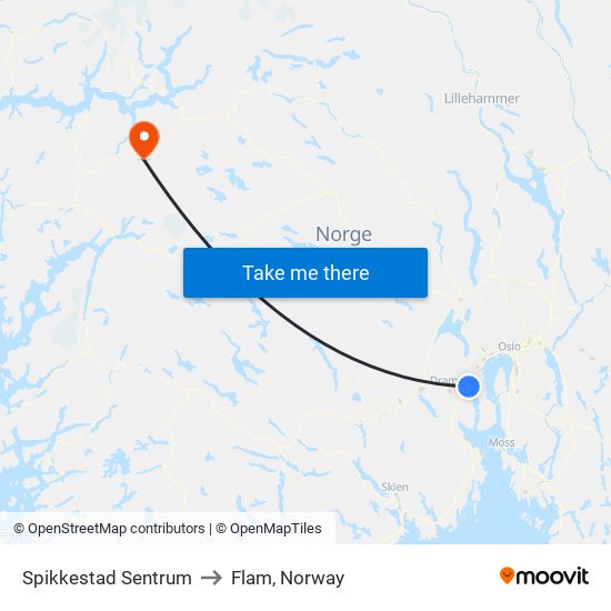 Spikkestad Sentrum to Flam, Norway map