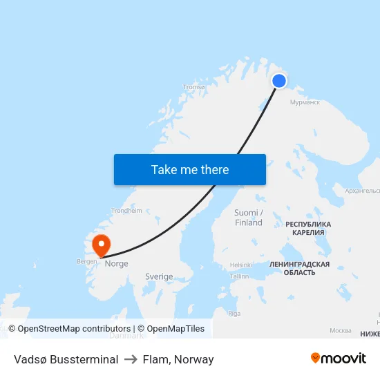 Vadsø Bussterminal to Flam, Norway map