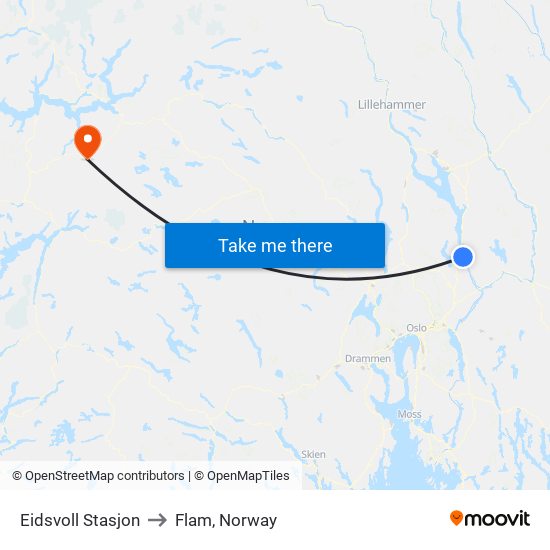 Eidsvoll Stasjon to Flam, Norway map