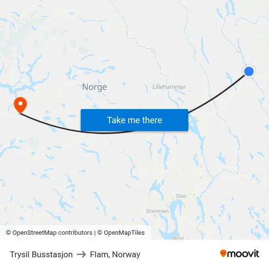 Trysil Busstasjon to Flam, Norway map