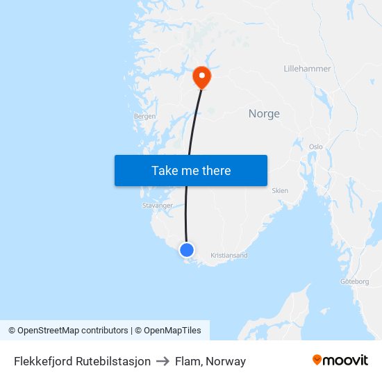 Flekkefjord Rutebilstasjon to Flam, Norway map