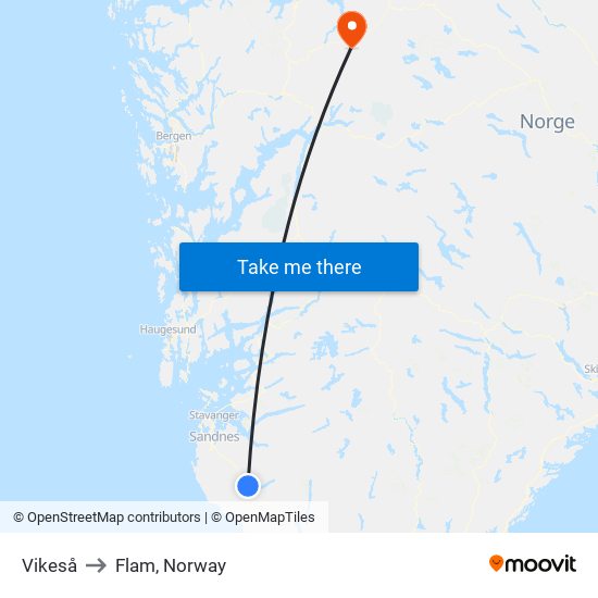 Vikeså to Flam, Norway map