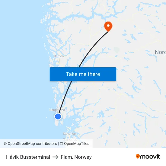 Håvik Bussterminal to Flam, Norway map