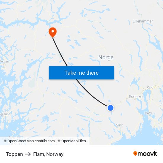 Toppen to Flam, Norway map